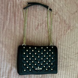 NWT Love Moschino Gold Heart Studded Borsa Matt Nappa Black Leather Purse